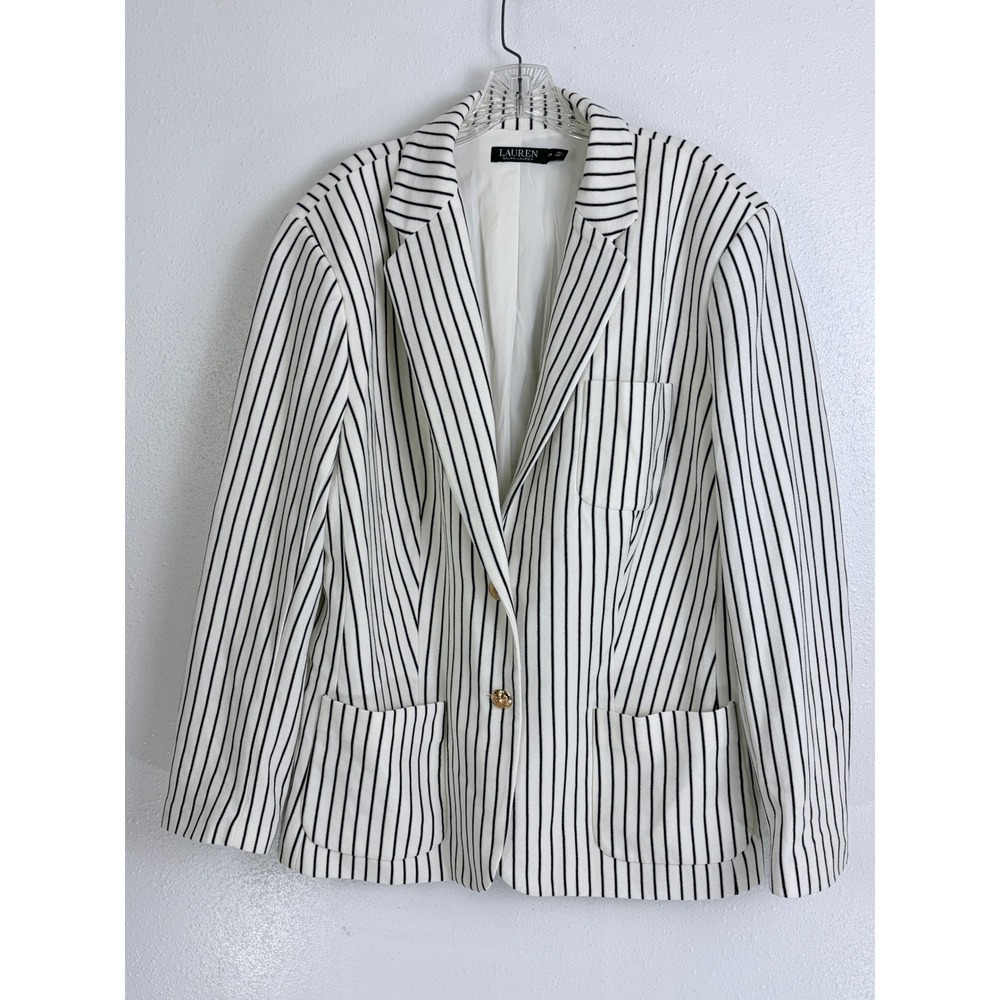 Lauren Ralph Lauren Cream Black Striped Gold Crest Blazer Plus 22W